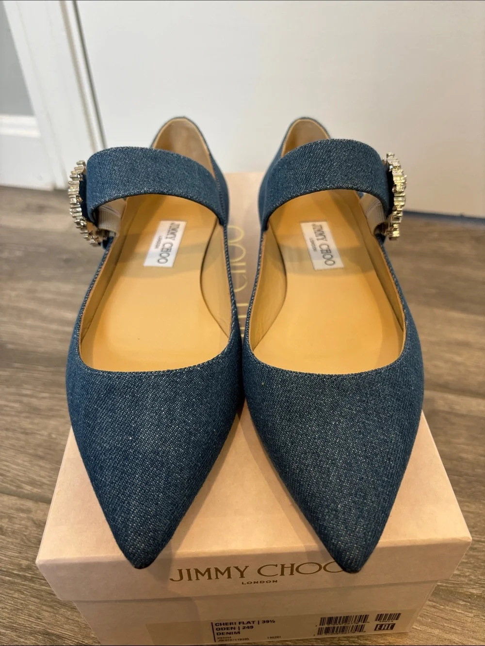 Jimmy Choo Dark Blue Denim Pointed Flats with Crystal Buckle - Picture 3 of 7